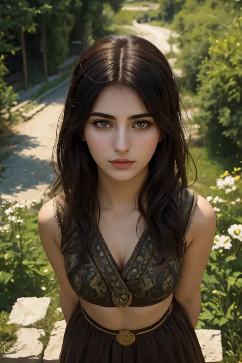 Turkish nifty girl, (20 years old), in the village, summer, arrogant expression, (top view), (face and eyes details), (masterpiece, best quality, highly detailed), (lifelike, natural, naturalistic, photographic, realistic)