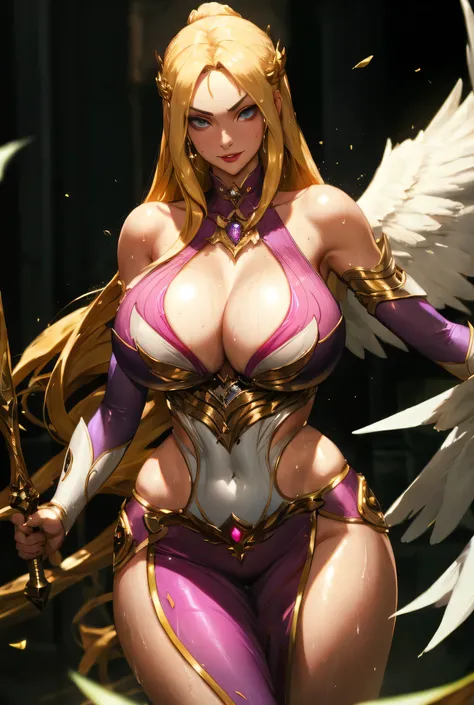 masterpiece,Soul Land_Qian Renxue,Raven suit ,best quality,dress, gigantic breasts,muscle,in dungeon, looking at viewer, cowboy shot,golden hair, curvy, bule eyes,a female tyrant with a penchant for torture,fog,drenched in sweat,pink cheeks,shiny suit ,smi...