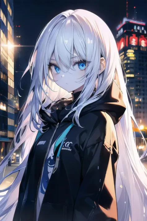 ((masterpiece)), ((best quality)), ((best illustration)), ((ultra-detailed)),((photorealistic color)), 1 lady, solo, teenager, absurdly long hair, white hair, straight hair, ((blue eyes)), ((ultra detailed eyes)), ((ultra detailed face)), gloomy, hoodie, t...