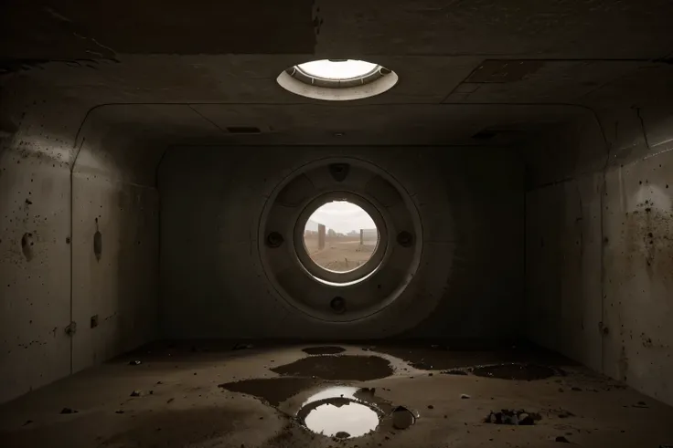 make a futuristic bunker isolated in a desert apocalypse, the bunker should be a building with large, round windows, must be sinister dark concrete in the middle of the desert, cloudy and dark sky, rainy weather, puddles of water on the muddy ground, as re...