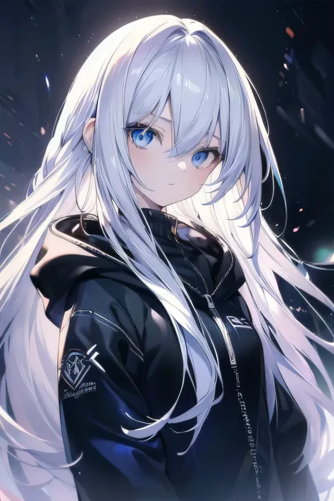 ((masterpiece)), ((best quality)), ((best illustration)), ((ultra-detailed)),((photorealistic color)), 1 lady, solo, teenager, absurdly long hair, white hair, straight hair, ((blue eyes)), ((ultra detailed eyes)), ((ultra detailed face)), gloomy, hoodie, t...