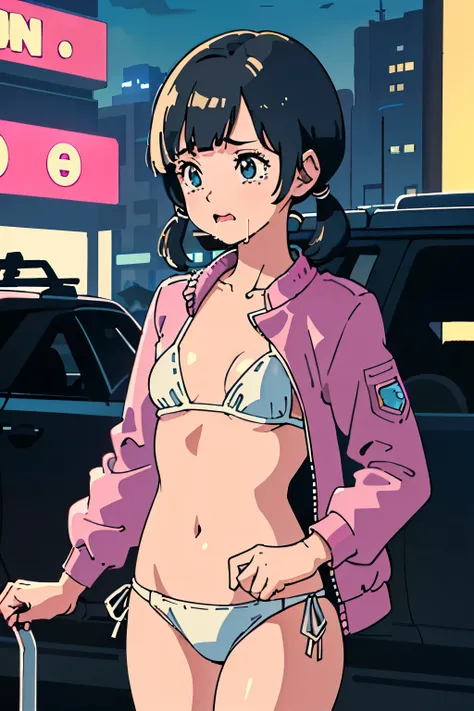 best quality, masterpiece, 1 girl, (silhouette lighting;1.4), sobbing, (licking, drooling:1.3), (short low twintails hair with bangs:1.3), pink and white colored bikini with jacket, (small breast, underboobs:1.1), (retrofuturistic city, residential area:1....