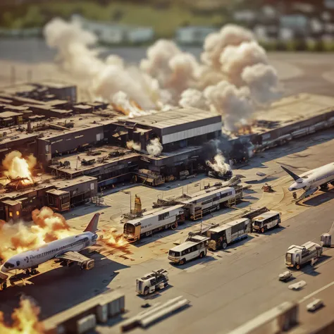 miniature scene, exaggerated scale, cars mid-explosion, customs officers frozen in action attempting to intervene, vibrant flame...