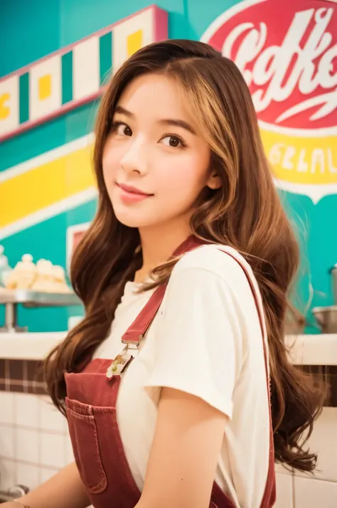 Portrait MagMix Girl look at camera, long hair, Overalls, Retro ice cream parlor with pastel-colored walls, a classic soda fountain counter, and vintage ice cream posters, bathed in warm sunlight, analog film photo, Kodachrome.