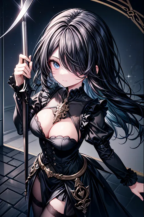 A powerful yet endearing young girl with long, jet-black hair completely covering one eye. Her visible eye is bright blue with sparkling details. She wears a Gothic-inspired black maid outfit with an armored twist, a black mini skirt, and black tights. She...