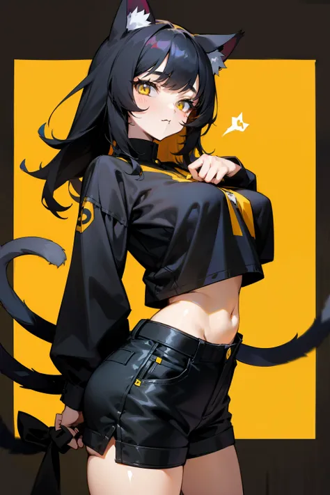 Cute girl, black hair, yellow eyes, cat ears, black cat tail, big tits, shorts 