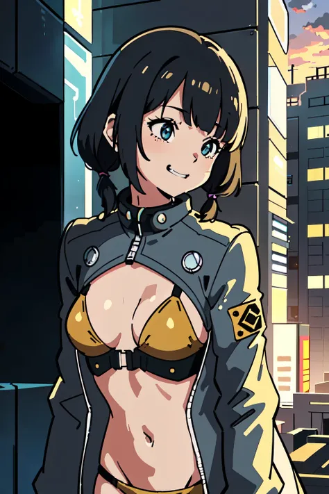 best quality, masterpiece, 1 girl, (silhouette lighting;1.4), grin, (licking, drooling:1.3), (short low twintails hair with bangs:1.3), gray and gold colored bikini with jacket, (small breast:1.1), (retrofuturistic city, residential area:1.2), twilinght, d...