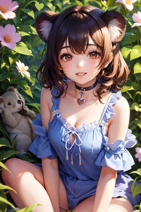 UHD,super detail, best quality,Cute and beautiful anthropomorphic koala girl with brown curly bob hair wearing a heart shaped choker in a beautiful flower field
