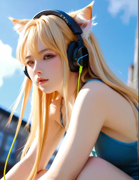 squatting1 person, High resolution, Long Hair, chest, Blushing, Blonde, Cat ear, Blurred, Dutch Angle, earphone, (from below:1.5)