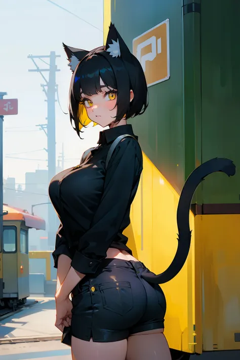 Cute girl, short black hair, yellow eyes, cat ears, black cat tail, big tits, shorts, train station in background 