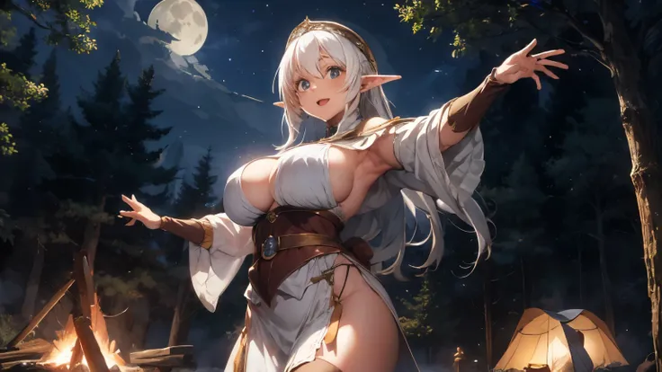 sexy and big breast elf woman with white hair, wearing medieval dress having fun dancing around the campfire with crowd under the moon light at the center of medieval forest at midnight.