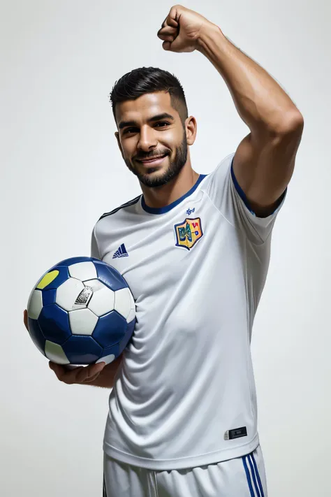 Happy football fan guy 35 years old Venezuelan appearance, mouth open, wearing a white T-shirt , One arm raised up, In the second hand, a soccer ball, White background, Waist-high photography, Excellent quality, high detail, very happy, masculine appearanc...