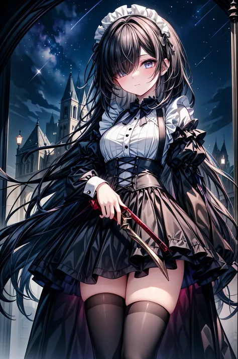 A powerful yet adorably endearing young girl with long, jet-black hair completely covering one eye. Her visible eye is bright blue with sparkling details, full of youthful charm. She wears a Gothic-inspired black maid outfit with an armored twist, featurin...