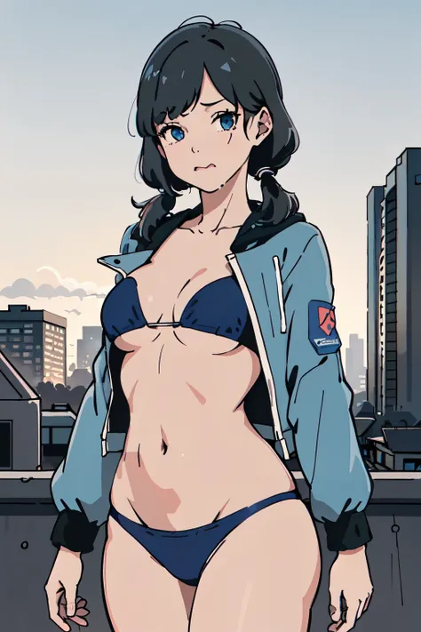 best quality, masterpiece, 1 girl, (silhouette lighting;1.4), (licking, drooling:1.3), (short low twintails hair with bangs:1.3), gray and blue bikini with jacket, (medium breast, underboobs:1.1), (retrofuturistic city, residential area:1.2), twilinght, du...