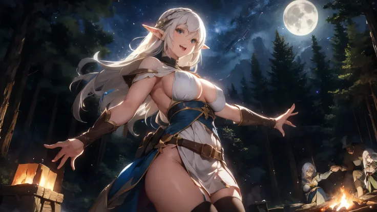 sexy and big breast elf woman with white hair, wearing medieval dress having fun dancing around the campfire with crowd under the moon light at the center of medieval forest at midnight.