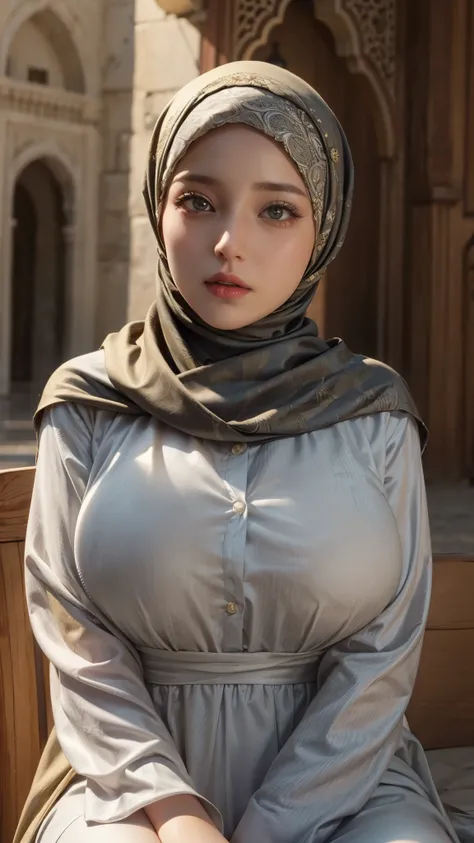 Big boobs, yellow hair color,red ayes,Hyper realistic, Ultra detail, hijab