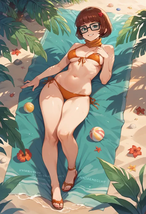 Velma in a bikini, smiling, sexy, full body on a deserted beach.