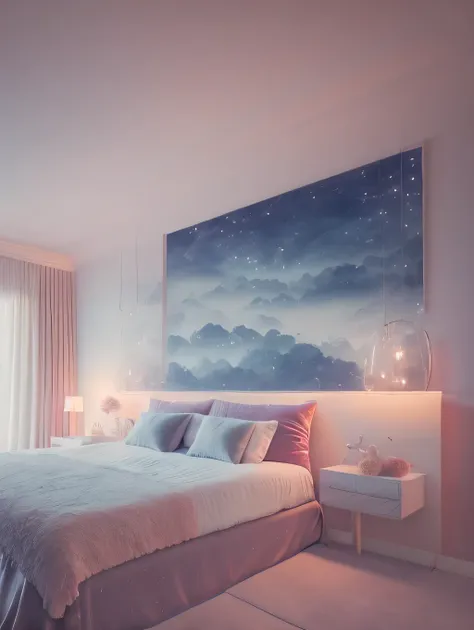 a dreamy interior design, foggy, soft focus, cool lighting, muted pastel colors, glowing atmosphere, dramatic shadows, cinematic composition, dream-like quality, ethereal, romantic, soft focus photography, pink hour, midnight, windy, white marble, whimsica...