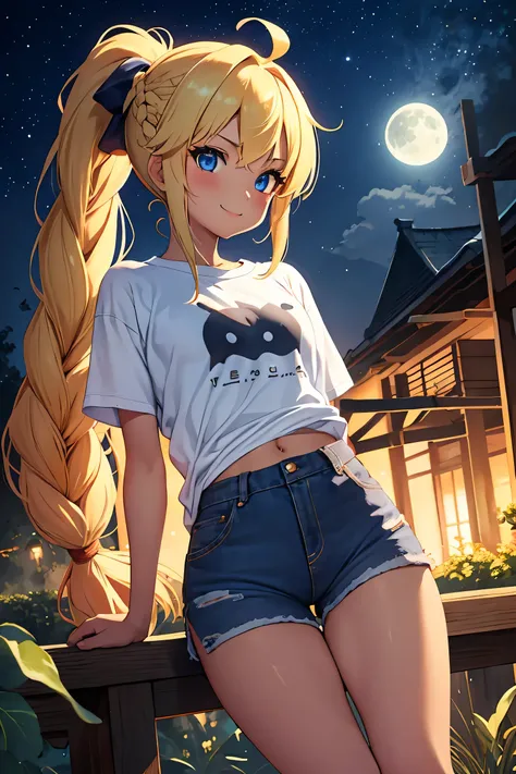 1 girl, anime girl, anime, (tanned skin), 2D девушка, 16 years, (whole body), standing, anime girl, Blue eyes, seductive smile, (ahoge, long hair, braid a single ponytail, blonde hair), t-shirt with ruffles, One, slim, flat chest, tight shorts, low waist s...