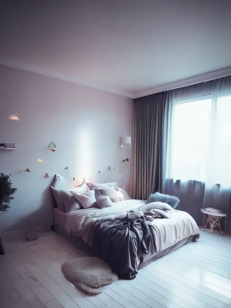 a dreamy interior design, foggy, soft focus, cool lighting, muted pastel colors, glowing atmosphere, dramatic shadows, cinematic...