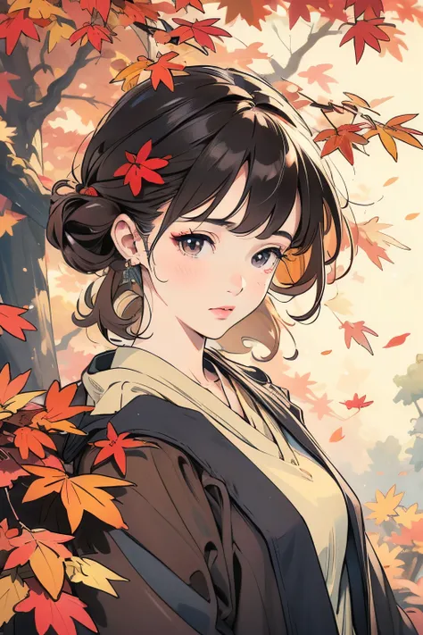 autumn leaves、autumn leaves狩り、red、autumn leaves、autumn、Fantasy、((masterpiece)),Realistic,4K,Very detailed