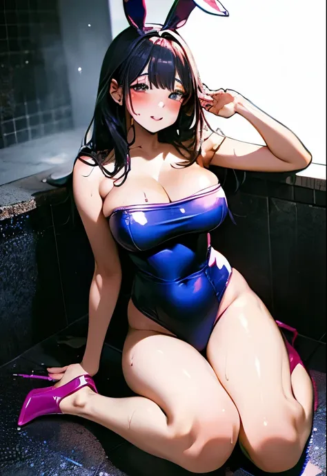 nsfw:1.2,bunny girl,cleavage,lift one leg up under your chest:1.5. bathtub,blue school swimsuit,high heels,embarrassed face,medi...