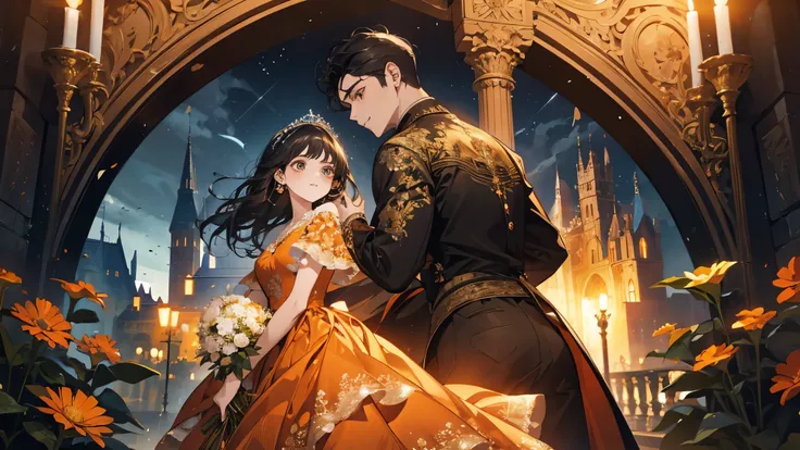 a princess wears orange dress, haunting, glowing dress, black hair, masterpiece, magical, many flowers,
