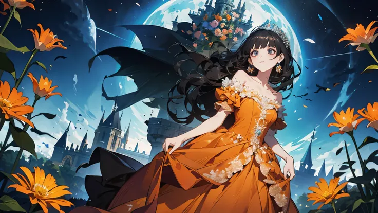 a princess wears orange dress, haunting, glowing dress, black hair, masterpiece, magical, many flowers,