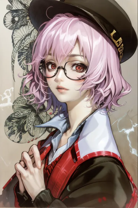 Portraiture, One person, Pink heart-shaped sunglasses、Pink short hair、School hat、school uniform、Bewitching Red Eyes、Cross your hands in front of you