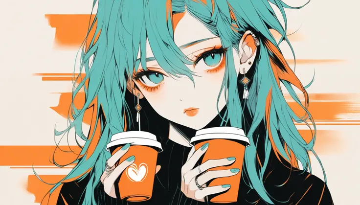 Illustrator, anime , Realistic ,sketch , 1 person, ,lip,Album artwork,order,Drink coffee,Texture Trim, (masterpiece,Highest quality) Indian background, Orange and turquoise hair,Texture Trim, (masterpiece,Highest quality) ,whole body
