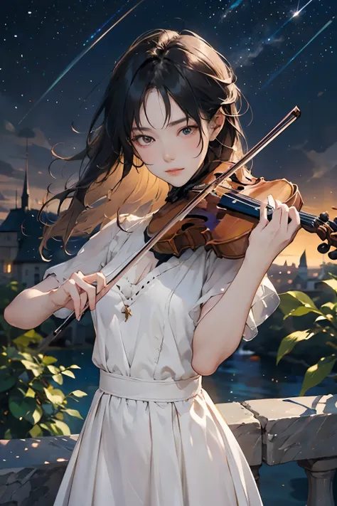 (starry sky background:1.2)、1 female、20-year-old woman、playing the violin、perfect anatomy,beautiful light and shadow, ,beautiful...