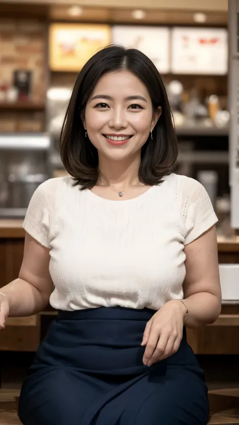 8k wallpaper, masterpiece, Highest quality, Very detailed, One Mature Woman, 50 years old, Become very clear, Wearing a short-sleeved knit, Skin dents, Captivating smile, Looking at the audience, No lapel microphone, Plump, Curvaceous, Attractive face, Smi...