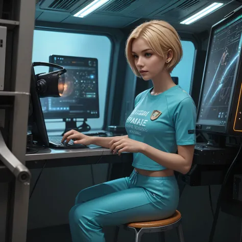 ((gorgeous realistic short hair blonde female 35 years age in a realistic futuristic space station)), ((playing Computer Games)), ((sitting on a stool with display and glowing control surfaces)), she is wearing a teal and grey track suit, (photorealistic),...