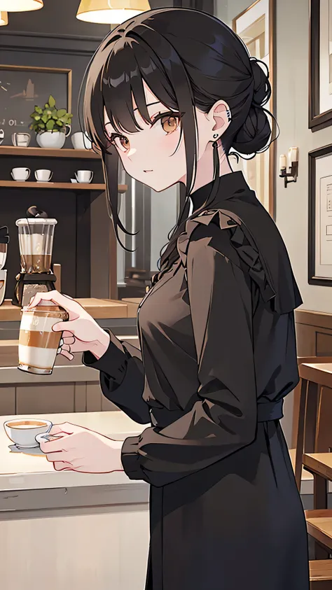 Highest quality, High resolution,thin、Brown eyes、expensive、Black Hair、（amount:1.3)、(semi-long:1.3),Hair Bun、(Cafe:1.4)、Sleeveless、(Black blouse:1.3)、cardigan、Earrings
