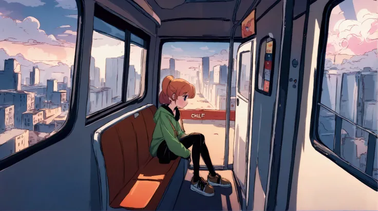 anime girl sitting on a bus looking out the window at the city, an anime drawing by Yuumei, trending on cg society, digital art, lofi hip hop, lofi girl, lofi artstyle, lofi art, lofi feel, chillhop, lofi vibes, lofi aesthetic, lofi, lofi girl aesthetic, a...