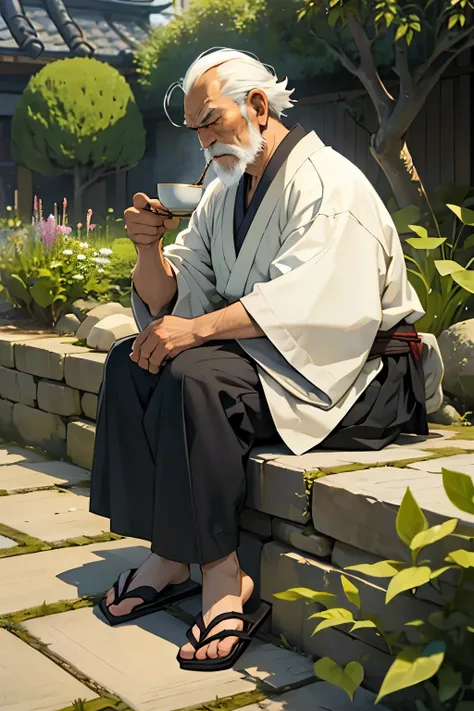 old feudal japanese old man drinking tea and looking grumpy in his cheap garden