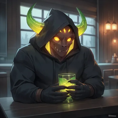 score_9, score_8_up, score_7_up, NitroEnergy,solo,holding,cup,1man,wearing dark hood,huge glowing green glass cup in the midle of the table,holding cup with both hands,long dark demon fingers,wearing black gloves,monster nitro style backround,dark backroun...