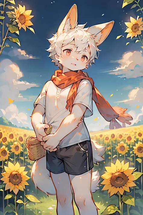 White Rabbit Boy，Bunny ears，Furry boys，Infant and child characteristics，White skin，Gray Arm，Little Feet，Red pupil，scarf，Short sleeve，shorts，field，sunflower，Standing，Sea of Flowers