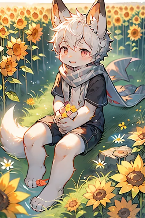 White Rabbit Boy，Bunny ears，Furry boys，Infant and child characteristics，White skin，Gray Arm，Little Feet，Red pupil，scarf，Short sleeve，shorts，field，sunflower，Standing，Sea of Flowers