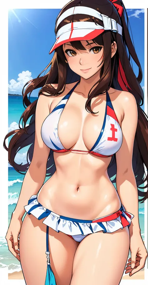 a woman in a bikini and visor is standing on the beach, realistic bikini, swimsuit, seductive anime girl, marin kitagawa fanart, oppai, oppai proportions, range murata and artgerm, in bikini, extremely detailed artgerm, is wearing a swimsuit, makoto shinka...