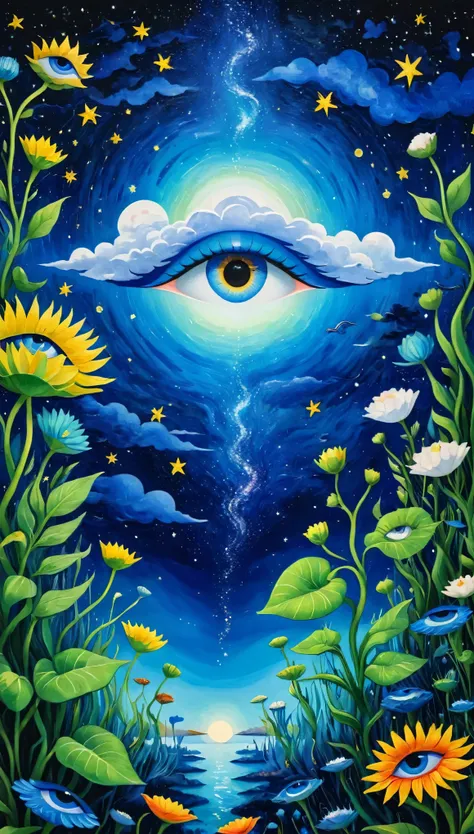 Psychedelic Art。plant、Marine Life、(((Charming eyes,The Third Eye)))、cloud、Starry Sky,plant上的眼睛、Galaxy、Planet、Stitching together an abstract painting,Describing the inner world of autistic people,Sense of space,Blank,White space,Pointillism method,Childish ...