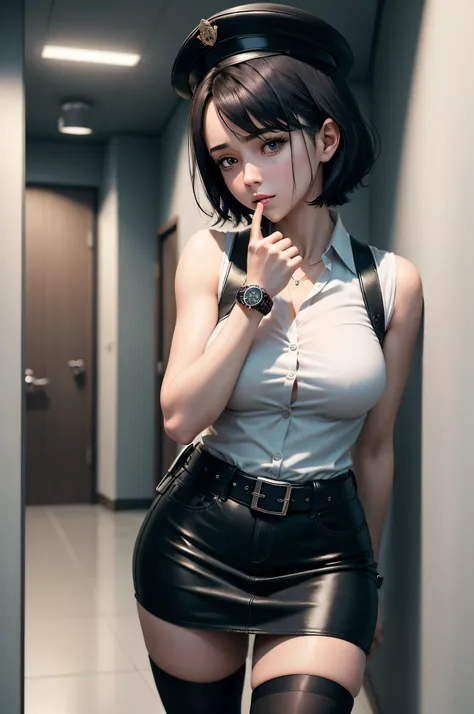 1 girl, ((alone:1.5)),black short hair,police uniform,belt,((watch:1.2)), white sleeveless collared shirt,blue super mini skirt:...