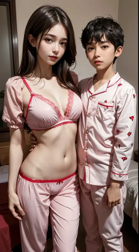 (highres,realistic:1.2),beautiful,cute mother and teen son standing in bedroom, mother wearing Red strawberry pattern lingerie, son Wearing pink pijamas, warm color tones