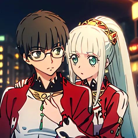 1 boy with black hair, Red jacket and glasses romantically kissing a girl in a red and white dress Long light green hair and green eyes, bright city at night in the background., True love, blushing cheeks, high quality 