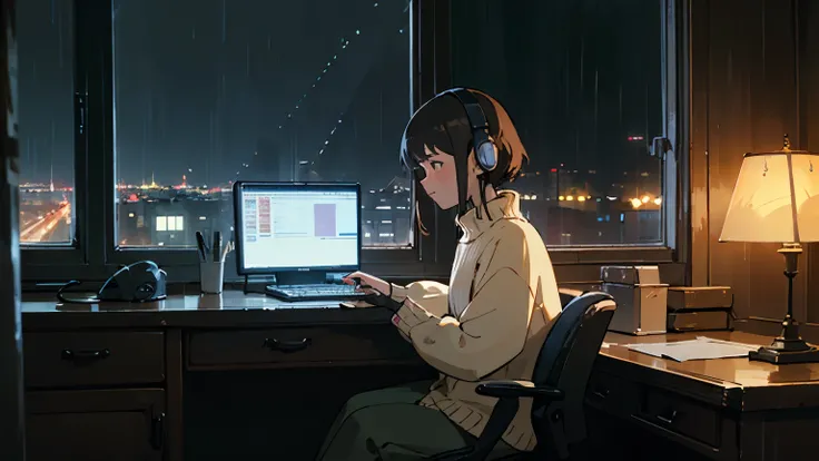 "A digital painting of a young woman sitting at a desk, working on a computer during a rainy evening. She is wearing headphones and a cozy sweater. The scene is illuminated by a warm desk lamp, and the window behind her shows a cityscape with blurred light...