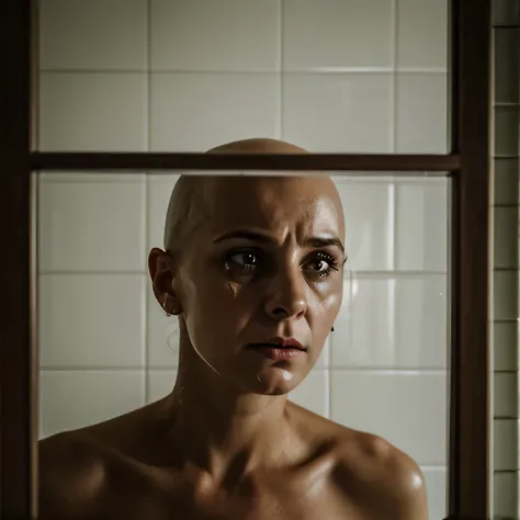 Вариант 1 (более детальный):

* "A realistic portrait of a bald, deranged woman crying in a bathtub with a shattered mirror. The bathroom is in disarray, with broken tiles and shattered glass. The womans face shows raw pain and despair, and her eyes are fi...