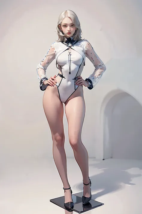 Master of animation, A perfect masterpiece, On a pure white background、Dressed in cool, sexy and modern clothes、Sexy mature modern woman standing, Flowing silver hair, Full Body Stand Posture, Thin legs, Large Breasts, Detailed facial details, Natural and ...