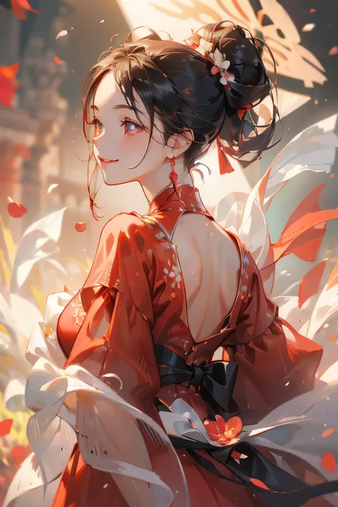 Best quality, masterpiece, ultra high res, (photorealistic:1.4), raw photo, 1girl, red dress, off shoulder, blossom flower field, glowing skin, big black bun in her back hair, light smile, accurate, detailed