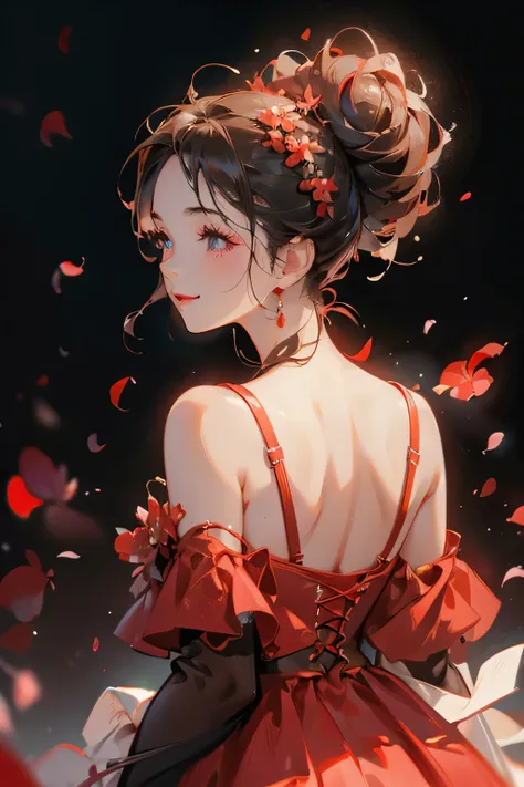 Best quality, masterpiece, ultra high res, (photorealistic:1.4), raw photo, 1girl, red dress, off shoulder, black eyes, blossom flower field, glowing skin, big black bun in her back hair, light smile, accurate, detailed