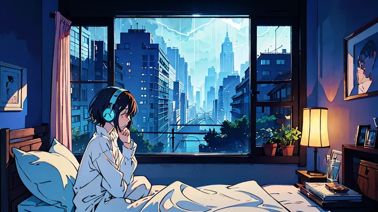 Lofi Song, Sit on the bed. Looking out the window, Drink coffee. Listening to music through headphones, Looking out the window and seeing the rain falling,Makoto Shinkai style